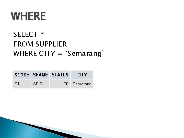 WHERE SELECT * FROM SUPPLIER WHERE CITY = ‘Semarang’ 