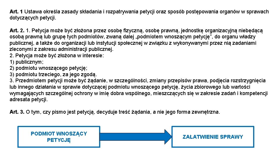 Art. 1 Ustawa określa zasady składania i rozpatrywania petycji oraz sposób postępowania organów w