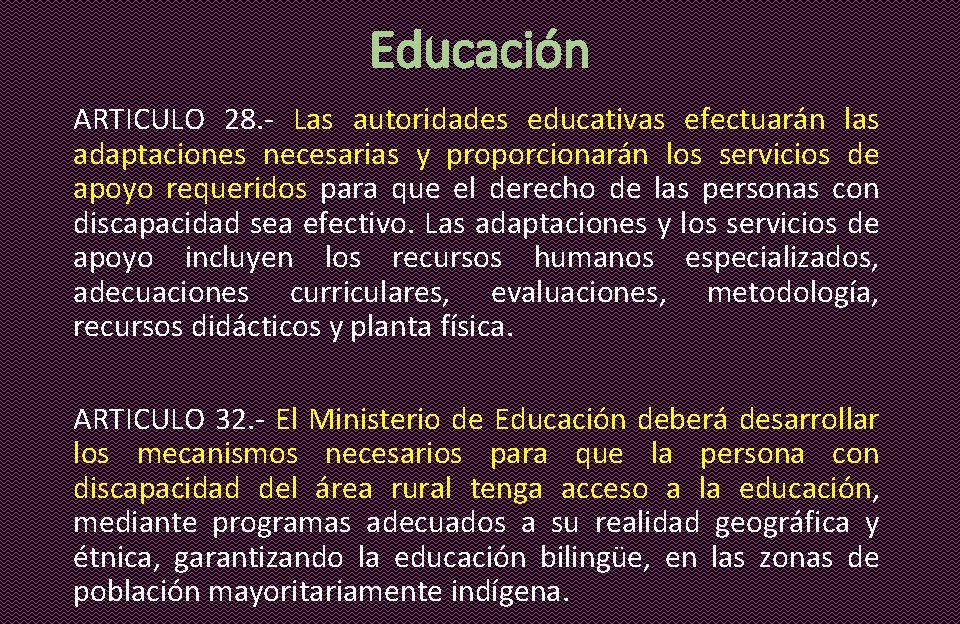 Educación ARTICULO 28. - Las autoridades educativas efectuarán las adaptaciones necesarias y proporcionarán los