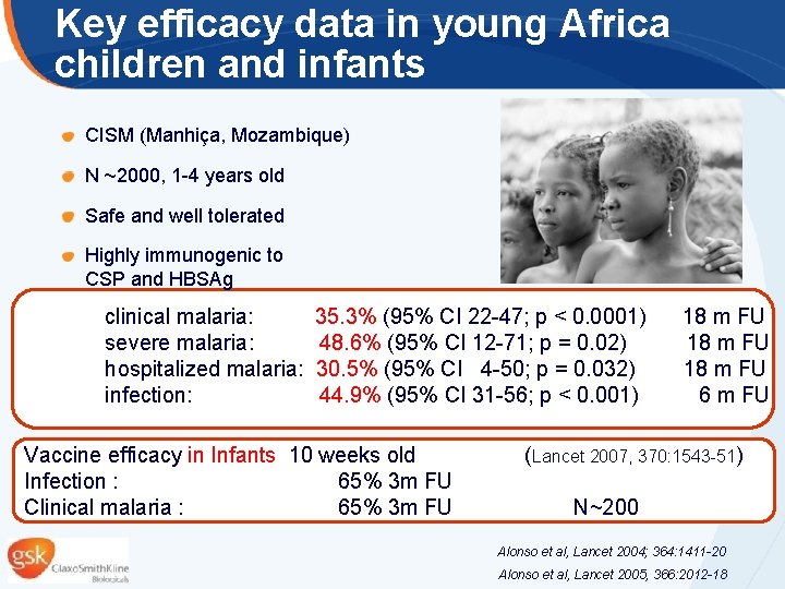 Key efficacy data in young Africa children and infants CISM (Manhiça, Mozambique) N ~2000,