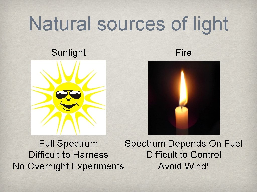 Natural sources of light Sunlight Fire Full Spectrum Depends On Fuel Difficult to Harness