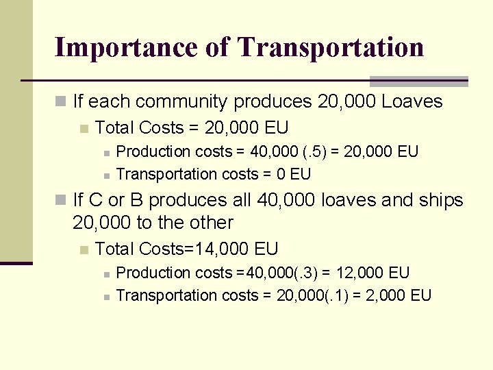 Importance of Transportation n If each community produces 20, 000 Loaves n Total Costs