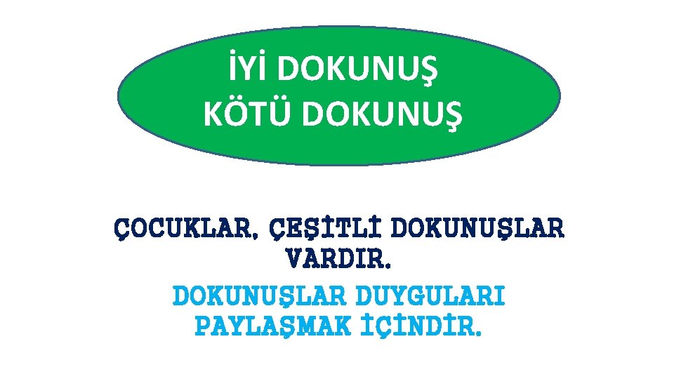 İYİ DOKUNUŞ KÖTÜ DOKUNUŞ ÇOCUKLAR, ÇEŞİTLİ DOKUNUŞLAR VARDIR. DOKUNUŞLAR DUYGULARI PAYLAŞMAK İÇİNDİR. 
