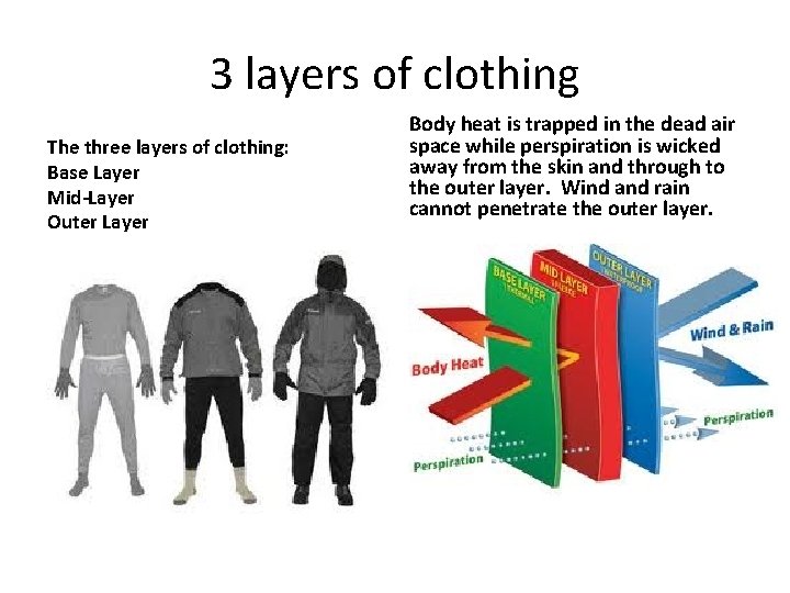 3 layers of clothing The three layers of clothing: Base Layer Mid-Layer Outer Layer 3 layers of clothing The three layers of clothing: Base Layer Mid-Layer Outer Layer