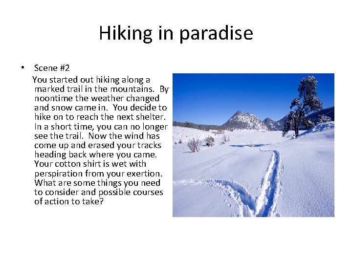 Hiking in paradise • Scene #2 You started out hiking along a marked trail Hiking in paradise • Scene #2 You started out hiking along a marked trail