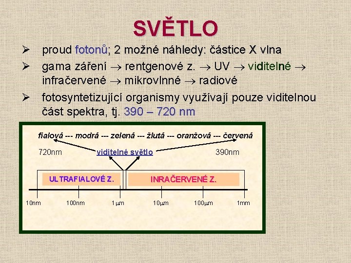 SVĚTLO Ø proud fotonů; 2 možné náhledy: částice X vlna Ø gama záření rentgenové