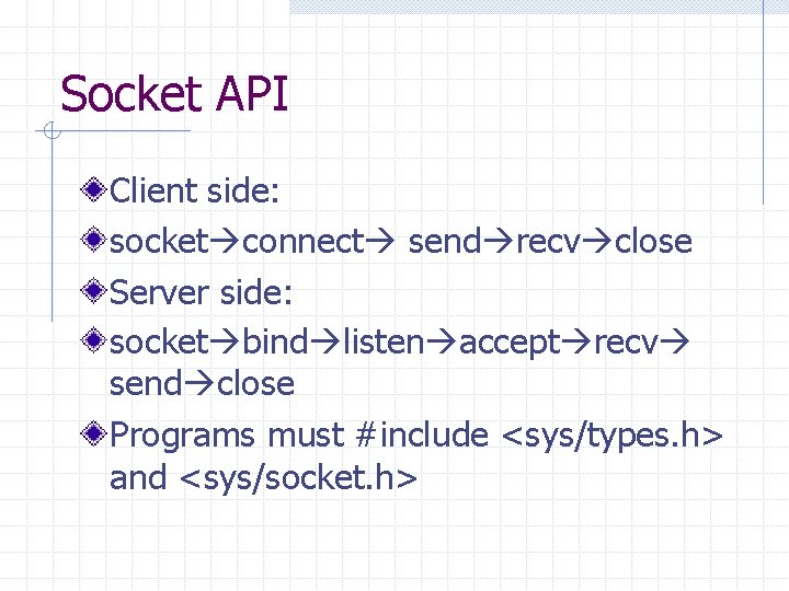 Socket API Client side: socket connect send recv close Server side: socket bind listen