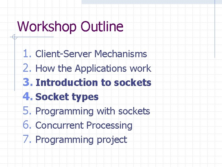 Workshop Outline 1. Client-Server Mechanisms 2. How the Applications work 3. Introduction to sockets