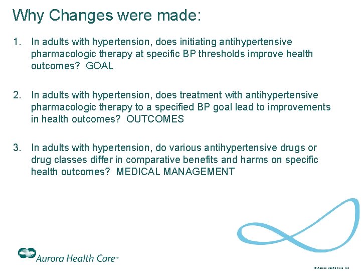 Why Changes were made: 1. In adults with hypertension, does initiating antihypertensive pharmacologic therapy