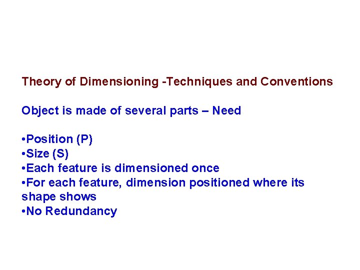 Theory of Dimensioning -Techniques and Conventions Object is made of several parts – Need