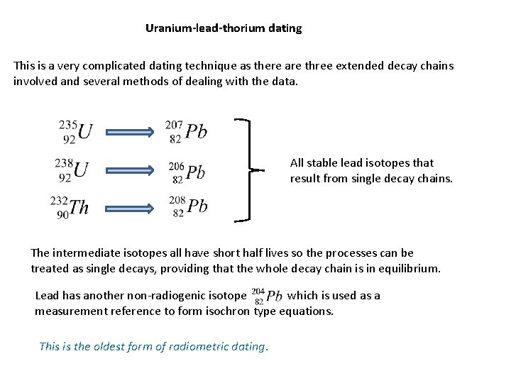 Uranium-lead-thorium dating This is a very complicated dating technique as there are three extended