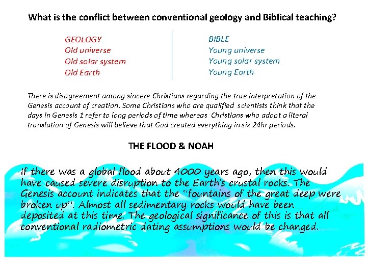 What is the conflict between conventional geology and Biblical teaching? GEOLOGY Old universe Old