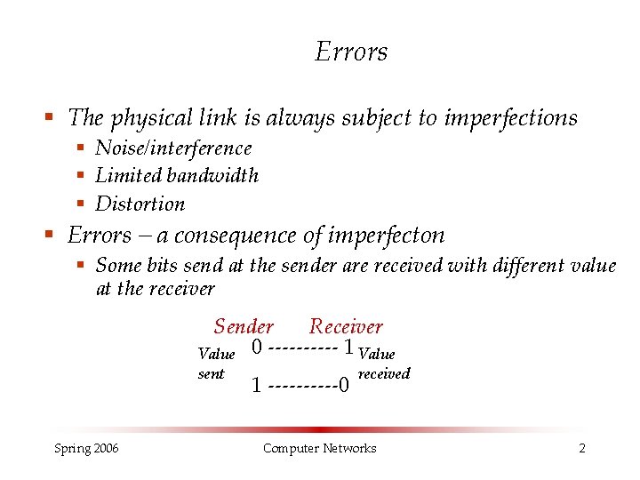 Errors § The physical link is always subject to imperfections § Noise/interference § Limited