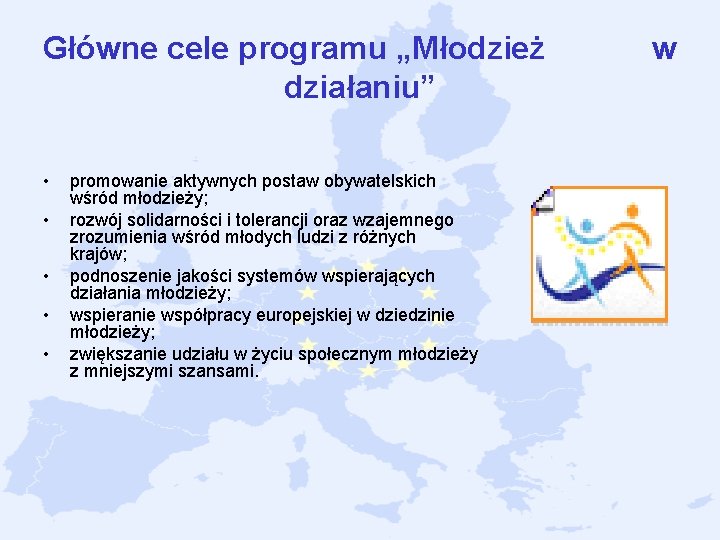 Główne cele programu „Młodzież w działaniu” • • • promowanie aktywnych postaw obywatelskich wśród Główne cele programu „Młodzież w działaniu” • • • promowanie aktywnych postaw obywatelskich wśród