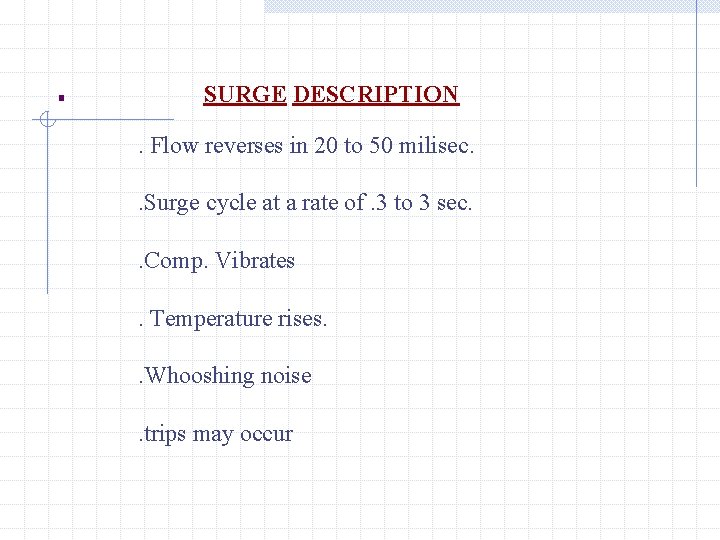 . SURGE DESCRIPTION. Flow reverses in 20 to 50 milisec. . Surge cycle at