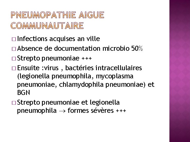 � Infections acquises an ville � Absence de documentation microbio 50% � Strepto pneumoniae