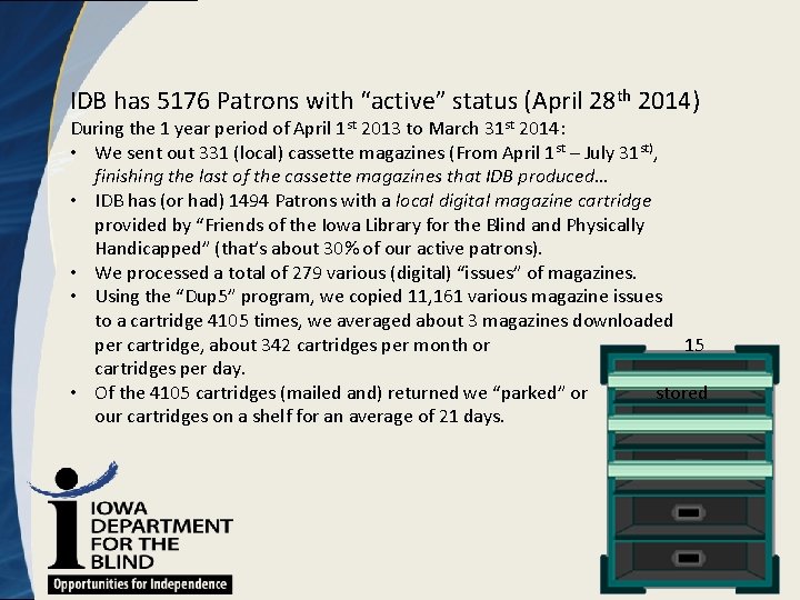 IDB has 5176 Patrons with “active” status (April 28 th 2014) During the 1