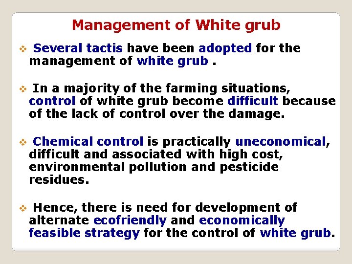 Management of White grub v Several tactis have been adopted for the management of