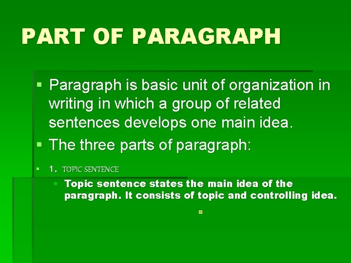 PART OF PARAGRAPH § Paragraph is basic unit of organization in writing in which