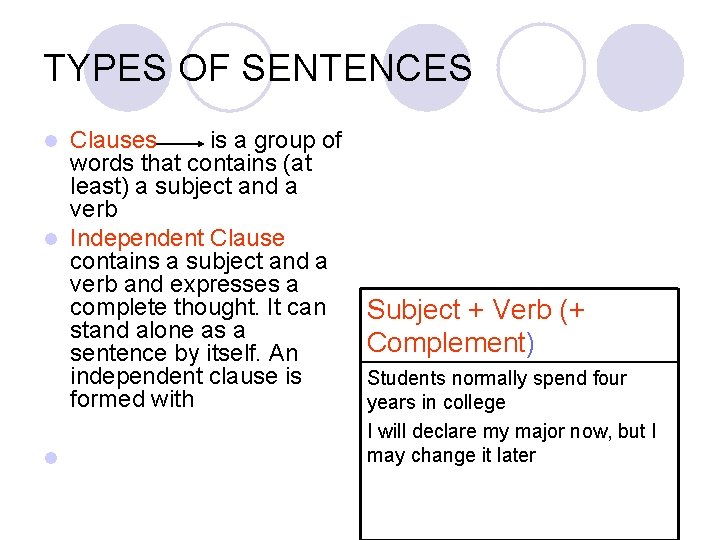 TYPES OF SENTENCES Clauses is a group of words that contains (at least) a