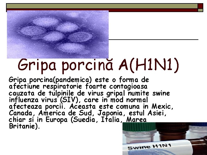 Gripa porcină A(H 1 N 1) Gripa porcina(pandemica) este o forma de afectiune respiratorie