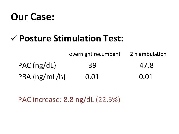 Our Case: ü Posture Stimulation Test: overnight recumbent PAC (ng/d. L) PRA (ng/m. L/h)