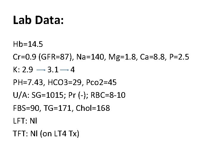 Lab Data: Hb=14. 5 Cr=0. 9 (GFR=87), Na=140, Mg=1. 8, Ca=8. 8, P=2. 5