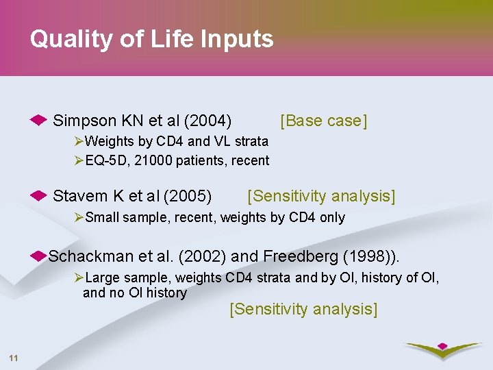 Quality of Life Inputs Simpson KN et al (2004) [Base case] ØWeights by CD