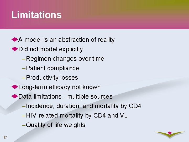 Limitations A model is an abstraction of reality Did not model explicitly – Regimen