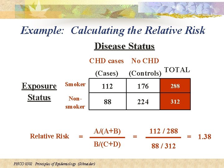 Example: Calculating the Relative Risk Disease Status CHD cases No CHD (Cases) Exposure Status