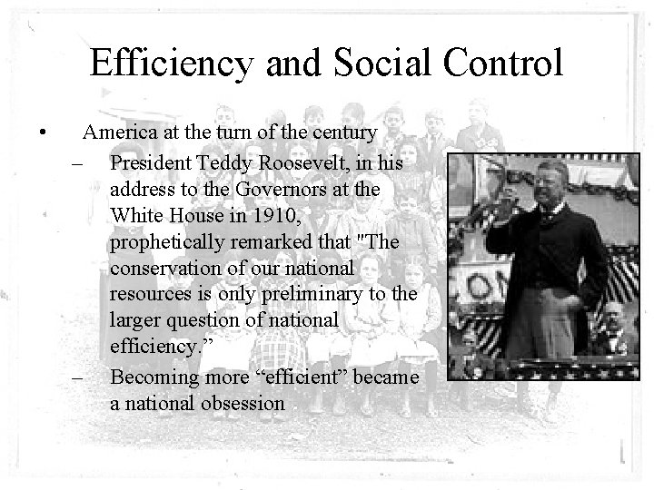 Efficiency and Social Control • America at the turn of the century – President
