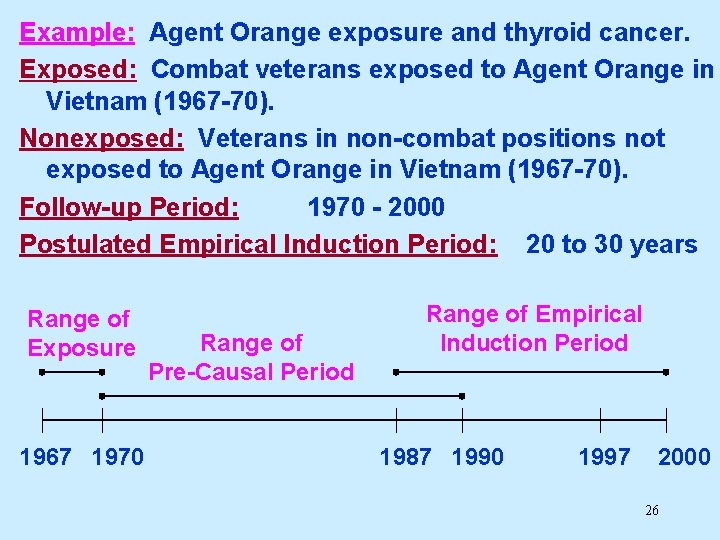 Example: Agent Orange exposure and thyroid cancer. Exposed: Combat veterans exposed to Agent Orange