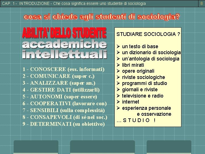 CAP. 1 - INTRODUZIONE - Che cosa significa essere uno studente di sociologia STUDIARE