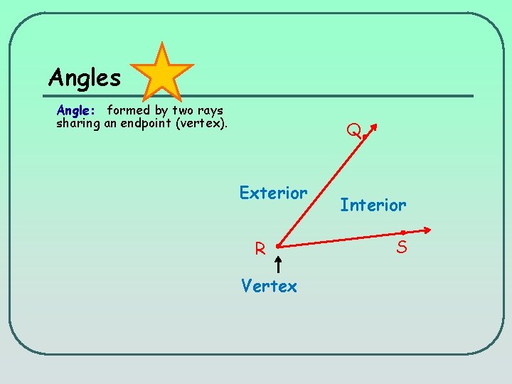 Angles Angle: formed by two rays sharing an endpoint (vertex). Q Exterior R Vertex