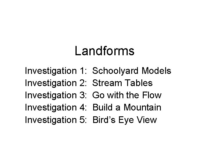 Landforms Investigation 1: Investigation 2: Investigation 3: Investigation 4: Investigation 5: Schoolyard Models Stream