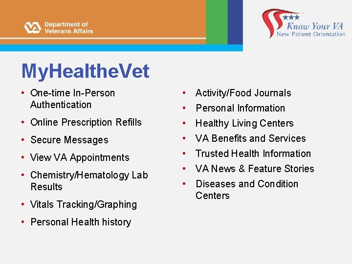 My. Healthe. Vet • One-time In-Person Authentication • Activity/Food Journals • Online Prescription Refills