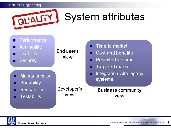 Software Engineering System attributes n n Performance Availability Usability Security n End user’s view