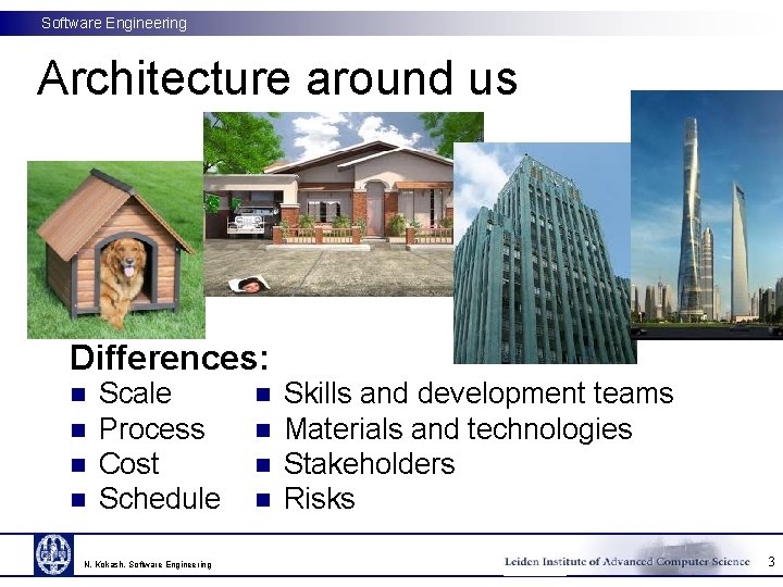 Software Engineering Architecture around us Differences: n n Scale Process Cost Schedule N. Kokash,