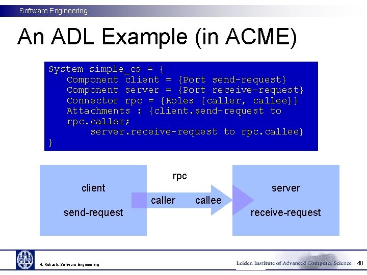 Software Engineering An ADL Example (in ACME) System simple_cs = { Component client =