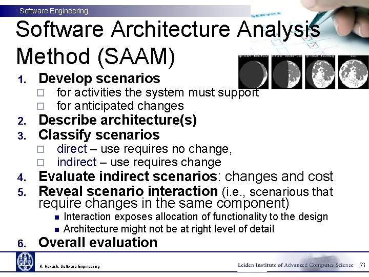 Software Engineering Software Architecture Analysis Method (SAAM) 1. Develop scenarios ¨ ¨ 2. 3.