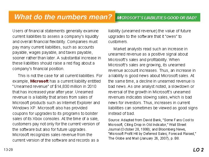 MICROSOFT’S LIABILITIES-GOOD OR BAD? WHAT’S YOUR PRINCIPLE Users of financial statements generally examine current