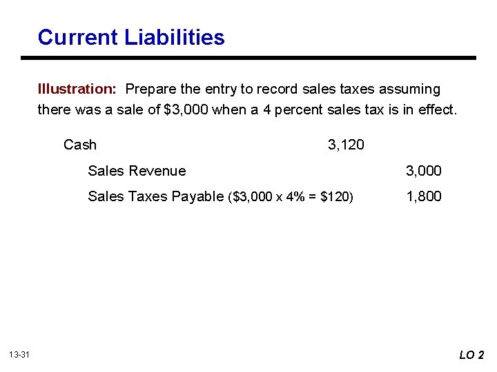 Current Liabilities Illustration: Prepare the entry to record sales taxes assuming there was a