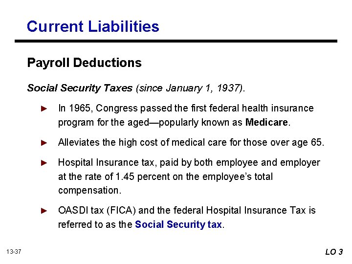 Current Liabilities Payroll Deductions Social Security Taxes (since January 1, 1937). 13 -37 ►