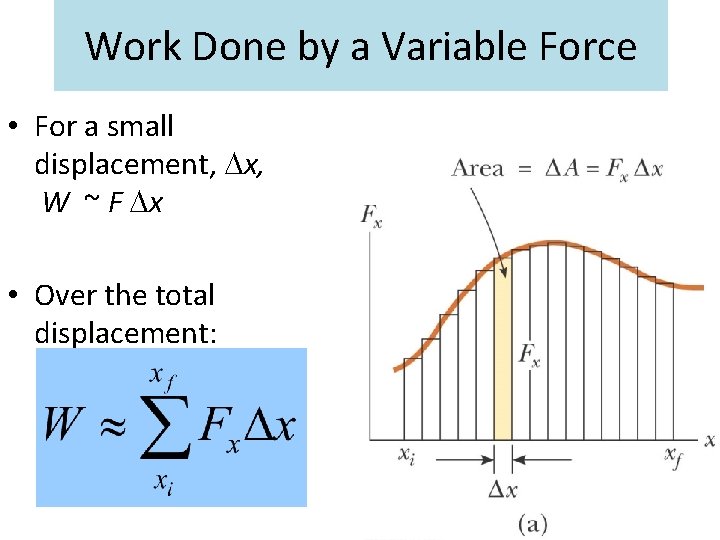 Work Done by a Variable Force • For a small displacement, Dx, W ~