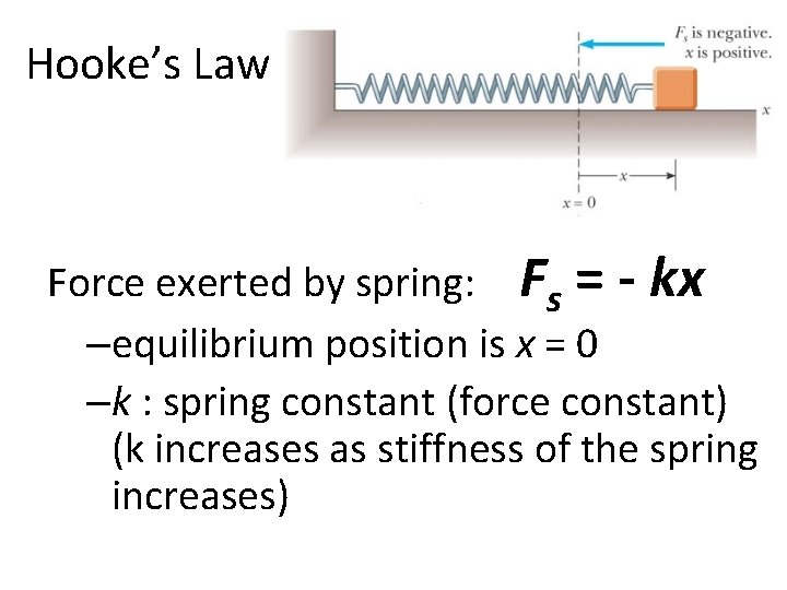 Hooke’s Law Force exerted by spring: Fs = - kx –equilibrium position is x