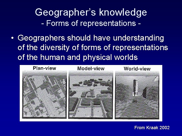 Geographer’s knowledge - Forms of representations - • Geographers should have understanding of the