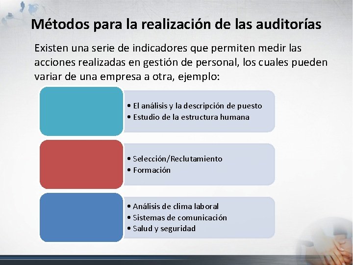 Métodos para la realización de las auditorías Existen una serie de indicadores que permiten