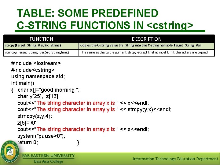 TABLE: SOME PREDEFINED C-STRING FUNCTIONS IN <cstring> FUNCTION DESCRIPTION strcpy(Target_String_Var, Src_String) Copies the C-string