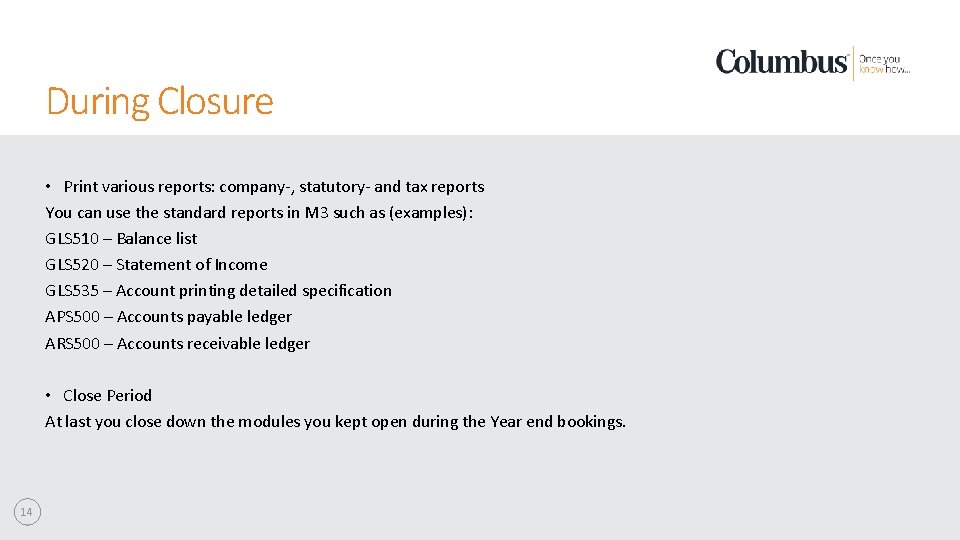 During Closure • Print various reports: company-, statutory- and tax reports You can use