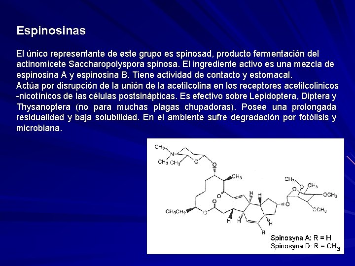 Espinosinas El único representante de este grupo es spinosad, producto fermentación del actinomicete Saccharopolyspora